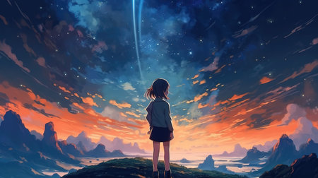 an anime girl standing on top pf a hill with a shooting star, ai generated imageの素材