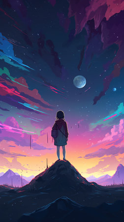 an asian inspired anime girl standing alone under a pink sky, screen wallpaper, ai generated imageの素材
