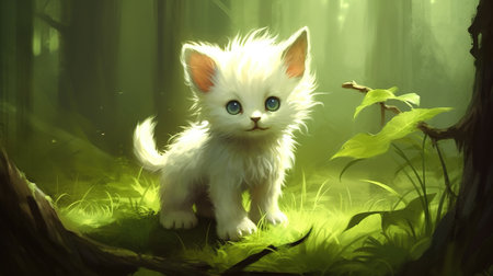 a cute lovely white cat in the forest, wallpaper style, ai generated imageの素材