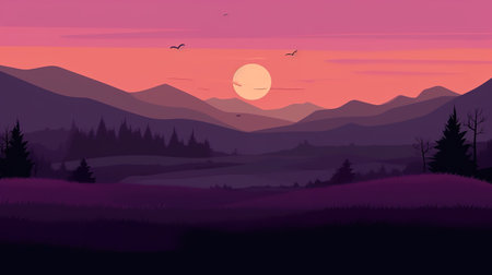 a beautiful sunset cartoon illustration, ai generated imageの素材