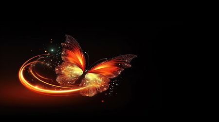an elegant shining butterfly wallpaper, black background, ai generated imageの素材