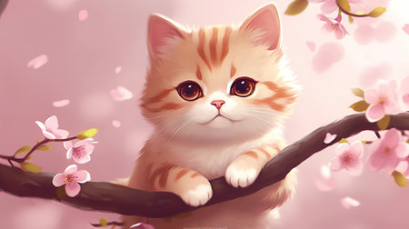 a cute little kitty on a cherry tree, ai generated imageの素材