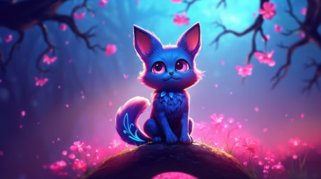 a cartoon inspired anime cat in a fantasy cherry forest, ai generated imageの素材