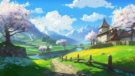 a wonderful little town entrance with cherry trees, anime artwork, ai generated imageの素材
