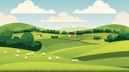 a calm cartoon inspired farmer town with sheeps on grass, ai generated imageの素材