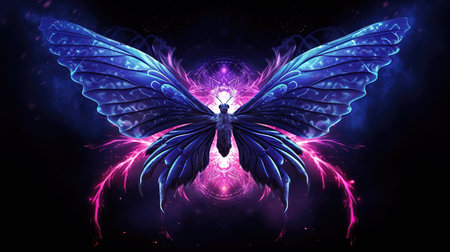 an epic closeup illustration of a fantasy radiant butterfly, fairytale wallpaper, ai generated imageの素材