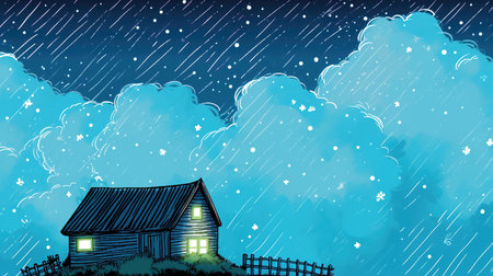 a brave strong farm house in a stormy rainy day, lights in the building, ai generated imageの素材