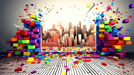 an epic colorful dimension into a modern cityl wallpaper, ai generated imageの素材