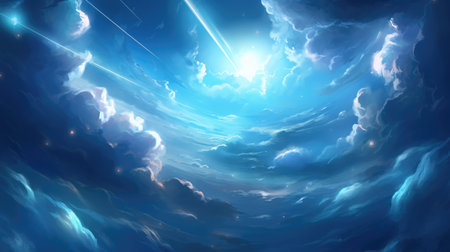 a sun is shining through the sky, blue anime artwork, ai generated imageの素材