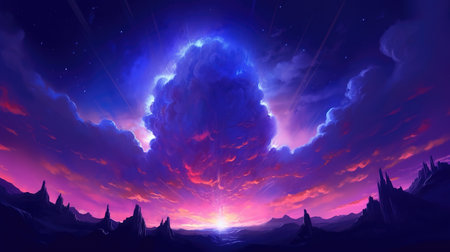 an impressive violet shining sky, sunset wallpaper, ai generated imageの素材