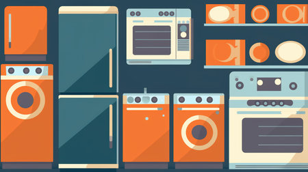 a cartoon kitchen room, stuff everywhere, ai generated imageの素材