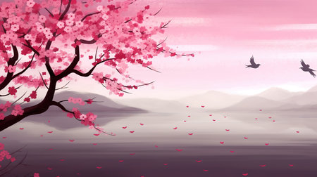 a beautiful freedom inspired cherry tree illustration, birds flying, ai generated imageの素材