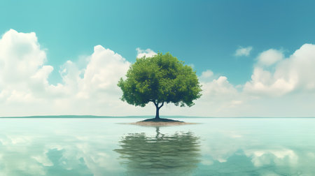 a wise giant tree in the middle of the ocean, wallpaper artwork, ai generated imageの素材