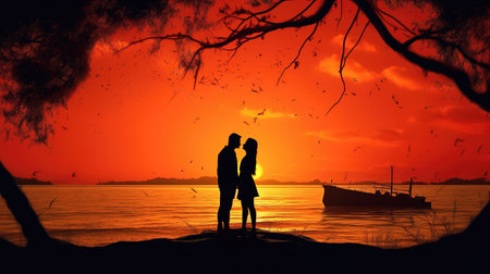 a couple standing together at the lake, sunset scene, ai generated imageの素材