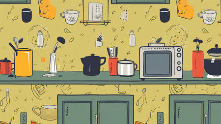 a cartoon inspired kitchen mockup, a lot of stuff in the room, ai generated imageの素材