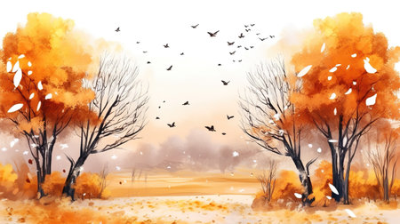 a beautiful watercolor inspired autumn scenery with birds, ai generated imageの素材