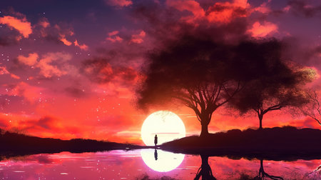 a calm peaceful place on earth, lonely person watching the sunset, ai generated imageの素材