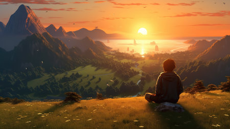 a wonderful landscape illustration at sunste, man watching the horizon, ai generated imageの素材