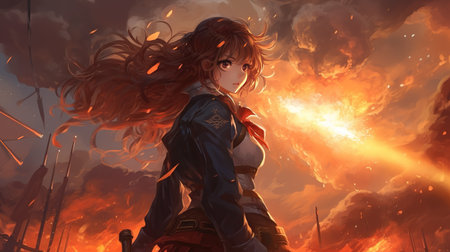 a warrior girl in an epic wallpaper artwork with fire in background, ai generated imageの素材