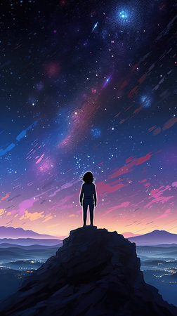 an anime girl standing on top of a hill, scifi universe, ai generated imageの素材