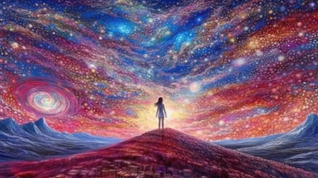 an abstract modern wallpaper artwork of a brave girl watching the scifi universe, vincent van gogh art, ai generated imageの素材