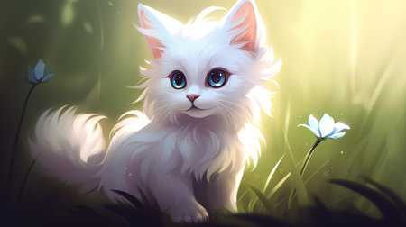 a cute white little cat in the grass with a flower, wallpaper anime style, ai generated imageの素材