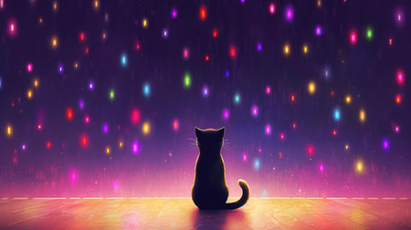 a cute anime black cat sitting under a sky with falling colored stars, ai generated imageの素材