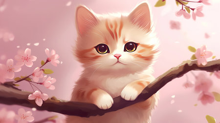 a sad looking beautiful anime cat on a cherry tree, ai generated imageの素材