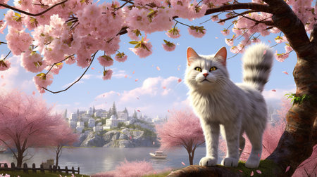 a brave majestic white cat standing under a cherry tree, asian wallpaper style, ai generated imageの素材