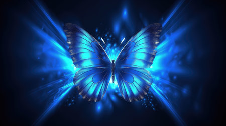 a radiant shining fairytale butterfly, blue wallpaper, ai generated imageの素材