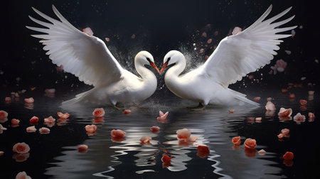 two swan in love, touching each others nose and making a heart, love and peace artwork, ai generated imageの素材
