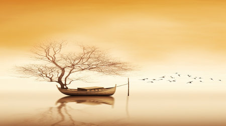 a creative tree in a boat, wallpaper style, ai generated imageの素材
