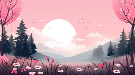 a cartoon inspired sunset artwork, pink styled, ai generated imageの素材