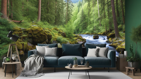 a living room of a nature bounded owner, ai generated imageの素材