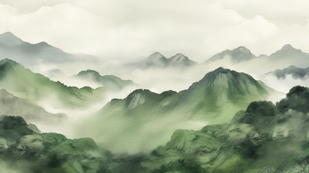 green mountains with fog and mist, watercolor artwork, ai generated imageの素材