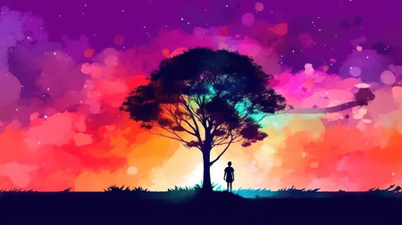 a magical inspired beautiful watercolor artwork of a person thinking about life under a tree, ai generated imageの素材