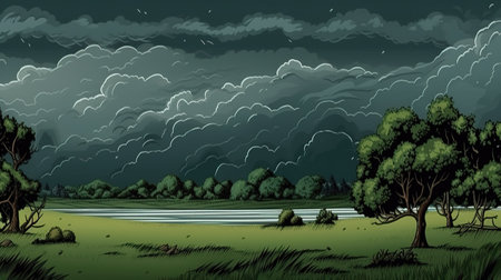 a cartoon wallpaper landscape of a storm is coming, ai generated imageの素材