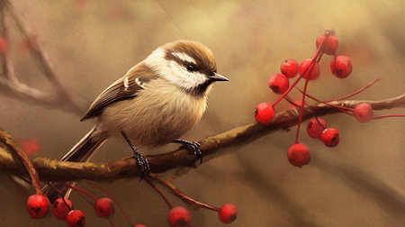 bron sparrow in the forest on a tree with berries, ai generated imageの素材