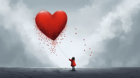 a cute little girl holding a giant big heart balloon, sad inspired illustration, ai generated imageの素材
