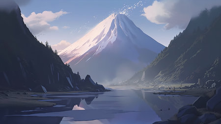 an impressive big mountain with snow in the medieval time, ai generated imageの素材