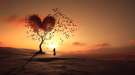 a lonely person is missing love, standing next to a tree where is losing heart pieces, ai generated imageの素材