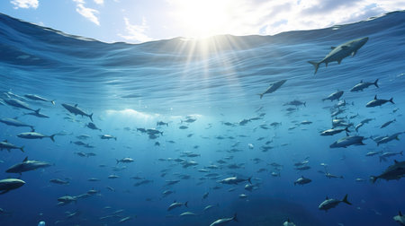 a half under water view with a fish swarm, ai generated imageの素材
