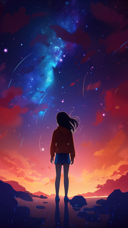 a beautiful phone wallpaper screen of a girl watching the impressive universe, ai generated imageの素材