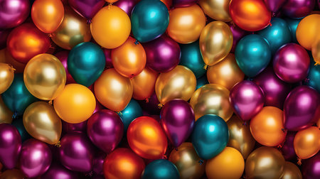 golden and shining celebrations balloons, thousands of ballons birthday gift cards, ai generated imageの素材