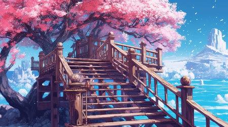an asian inspired cherry tree landscape with a long bridge, ai generated imageの素材