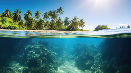beautiful beach inspired wallpaper of half under water half on land, ai generated imageの素材