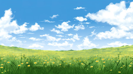an anime illustration of a big calm relax field of flowers, freedom artstyle, ai generated imageの素材