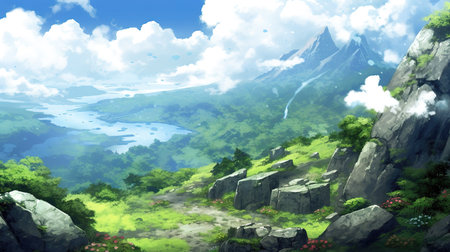 a beautiful anime illustration of a view in the mountains, ai generated imageの素材