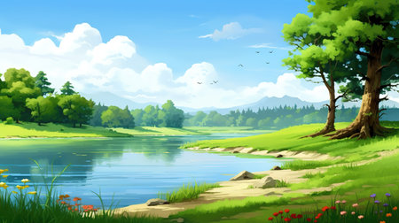 a calm peaceful place on earth a at a lake, anime artstyle, ai generated imageの素材