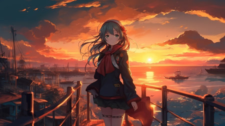 a beautiful anime girl on a bridge with the sunset in background, ai generated imageの素材